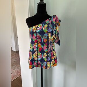 Lilly Pulitzer Roe One Shoulder Bow Blouse Silk Navy Out There Butterfly Size 4